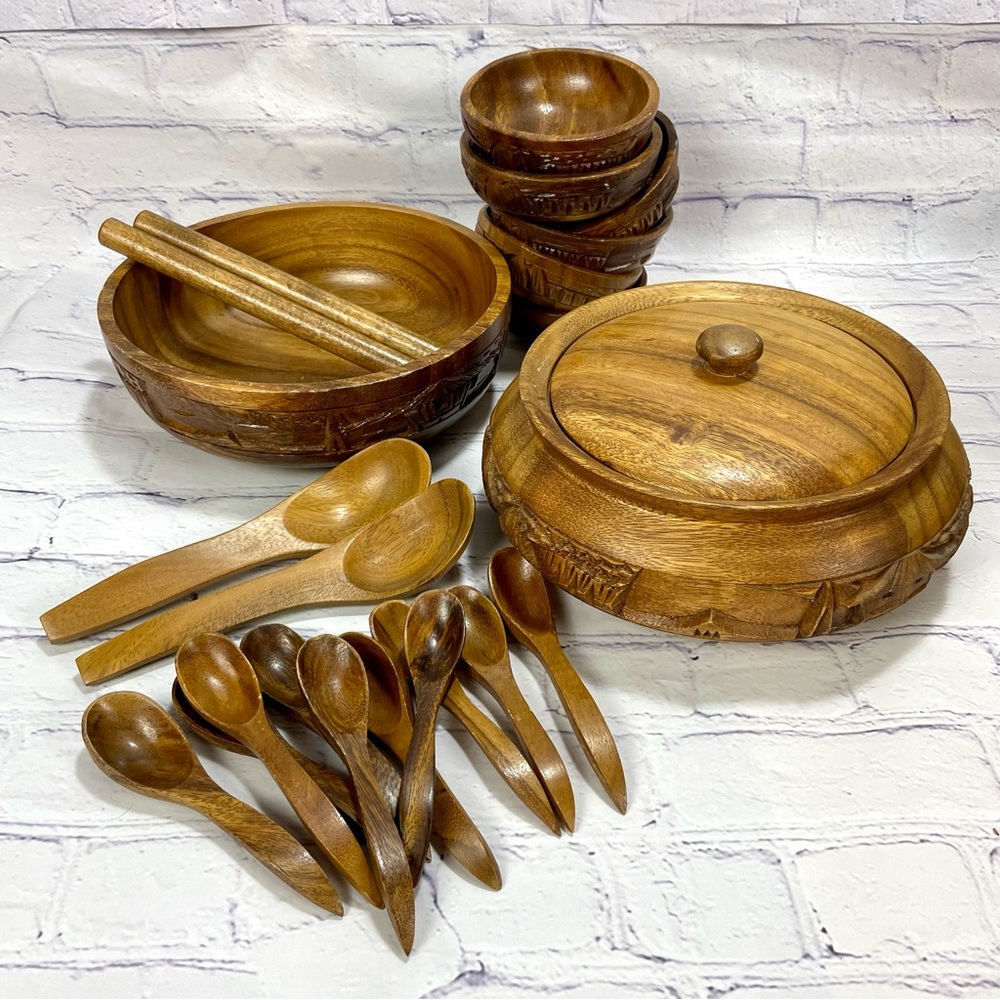 25 Piece MCM Monkey Pod Acacia Wood Soup & Salad Set Bowls Plates Utensils Tiki